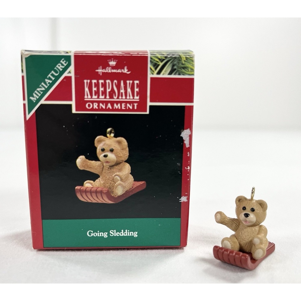 1990 Hallmark Going Sledding Miniature Ornament Teddy Bear Vintage Keepsake Box